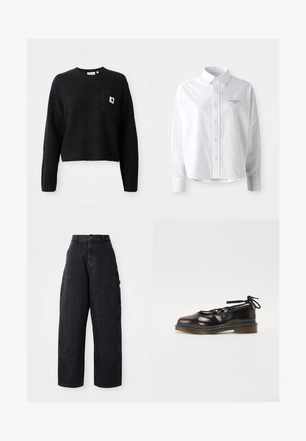 Suéter de punto canalé negro con cuello redondo, mangas largas y un bolsillo frontal con un pequeño parche de logo. Longitud corta.; Camisa blanca de botones con rayas verticales en azul claro, un cuello puntiagudo y un pequeño logo azul en el lado izquierdo del pecho. Tejido de algodón, corte relajado.; Pantalones cargo de denim negro de pierna ancha con cintura alta, dos grandes bolsillos frontales y cierre de botón en la cintura. Textura suave, diseño casual.; Zapato brillante de color rojo oscuro con punta redondeada, diseño con cordones, suela de goma y cordones negros, que presenta herrajes plateados y bordes cosidos.