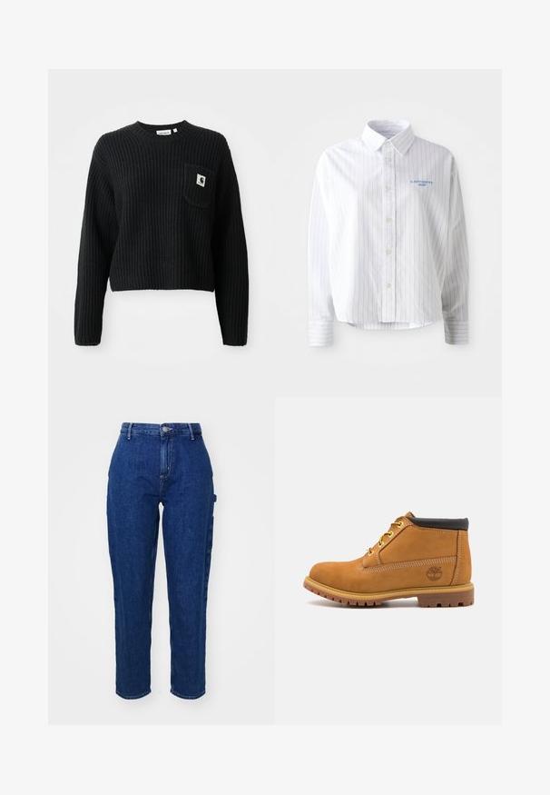 Sort ribbenstrikket sweater med rund hals, lange ærmer og en frontlomme med et lille logo patch. Forkortet længde.; Hvid skjorte med lyseblå lodrette striber, en spids krave og et lille blåt logo på venstre bryst. Forarbejdet i bomuldsstof, afslappet pasform.; Mørkeblå denim jeans med høj talje, lige ben, frontknaplukning og sidelommer. Glat tekstur med en let stræk.; Brune ruskinds ankelstøvle med sort polstret krave, gule snørehuller og struktureret gummisål. Har et printet logo på siden.