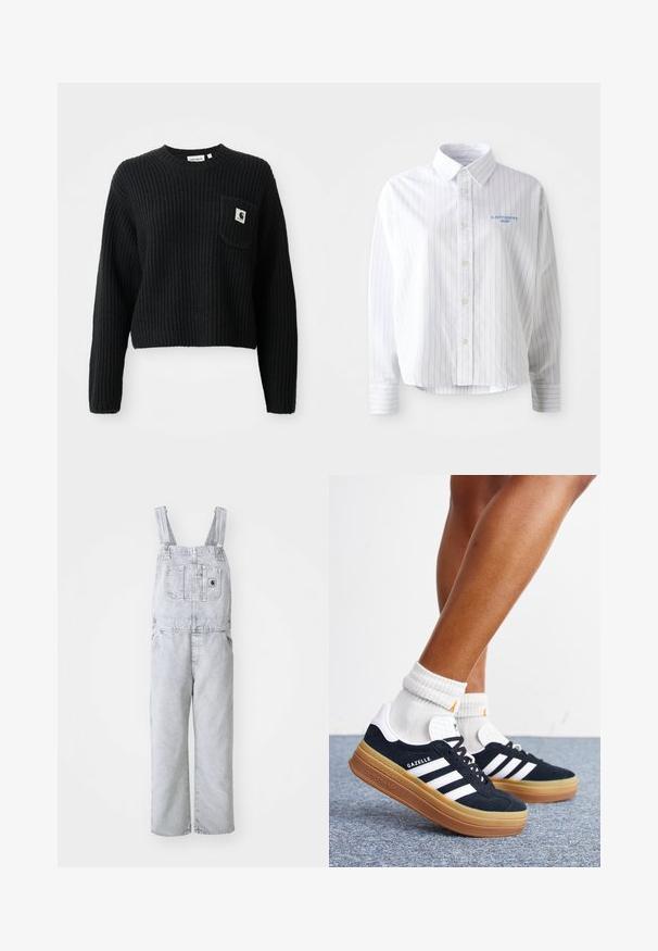 Sort ribbenstrikket sweater med rund hals, lange ærmer og en frontlomme med et lille logo patch. Forkortet længde.; Hvid skjorte med lyseblå lodrette striber, en spids krave og et lille blåt logo på venstre bryst. Forarbejdet i bomuldsstof, afslappet pasform.; Grå denim-arbejdsbukser med justerbare stroppper, en frontlomme og sidelommer; løs, lige ben-design; falmet vask med minimal tekstur.; Ben iført hvide sokker og sorte Adidas Gazelle sneakers med hvide striber og tykke brune såler på et gråt tæppe.