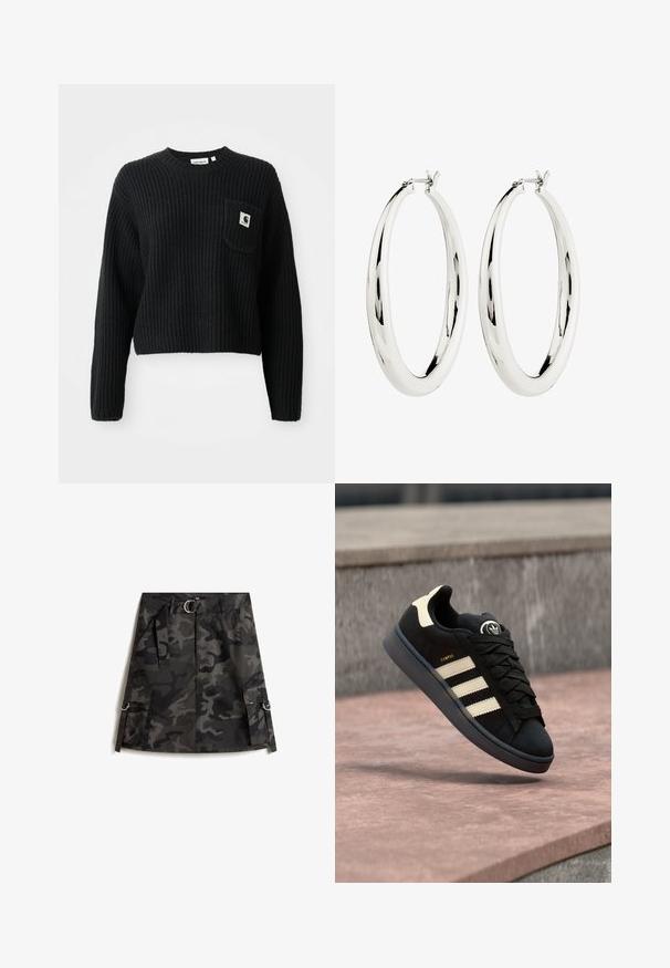 Sort ribbenstrikket sweater med rund hals, lange ærmer og en frontlomme med et lille logo patch. Forkortet længde.; Kamuflage nederdel i mørkegrå og sort, med en frontlynlås, bælte med sølvspænde og to cargo-lommer med ringe.; Sort ruskindsneakers med tre beige striber, rundt logo på tungen, flade snørebånd og en polstret sål, mærket "CAMPUS."; Sølv hoops øreringe med en glat, reflekterende overflade. Rund, stor form med en sikker lås øverst. Den polerede finish fremhæver glansen.