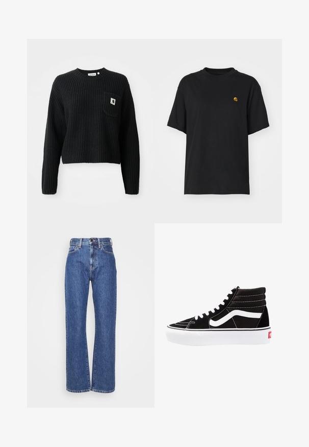 Pull en maille côtelée noir avec un col rond, des manches longues et une poche avant arborant un petit patch logo. Longueur cropped.; T-shirt en coton noir à coupe décontractée. Présente un col rond et des manches courtes. Comprend un petit logo doré brodé sur la poitrine.; Jean en denim bleu avec une coupe évasée, taille haute, couture contrastante et design classique à cinq poches. Tissu texturé avec une finition lisse.; Baskets montantes noires avec des lacets blancs, un logo blanc et des coutures blanches contrastées. Dotées d'une épaisse semelle blanche et d'un dessus en daim texturé.