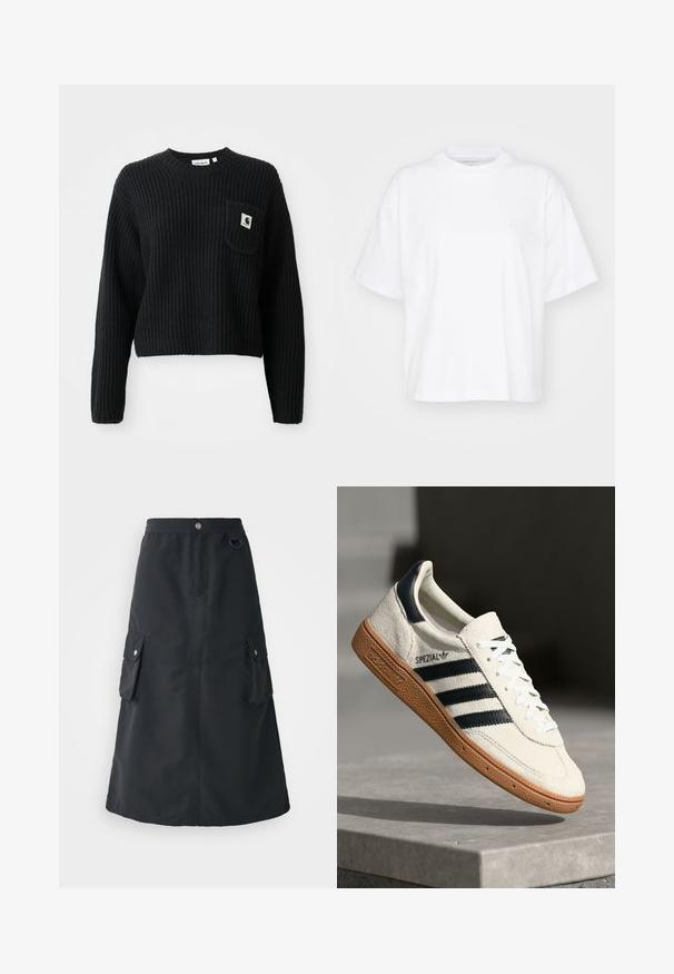 Musthave mustriba kootud sviiter, millel on ümmargune kaelus, pikad varrukad ja eesmine tasku, millel on väike logoäpp. Lühendatud pikkus.; Valge puuvillane t-särk ümmarguse kaelusega, lühikeste varrukatega ja lõdgalt istuv. Vasakul rinnal on peen logo. Sile tekstuur.; Must mustriba mustete, mis on valmistatud kerged kangast, koos elastse vööde, kahe cargo tasku ja õrn sära.; Valge suede toss, millel on tumesinised triibud, kummist alus, tekstureeritud pealis, ümar varvas ja paelad; külgedel ja keelel on brändingu elemendid.