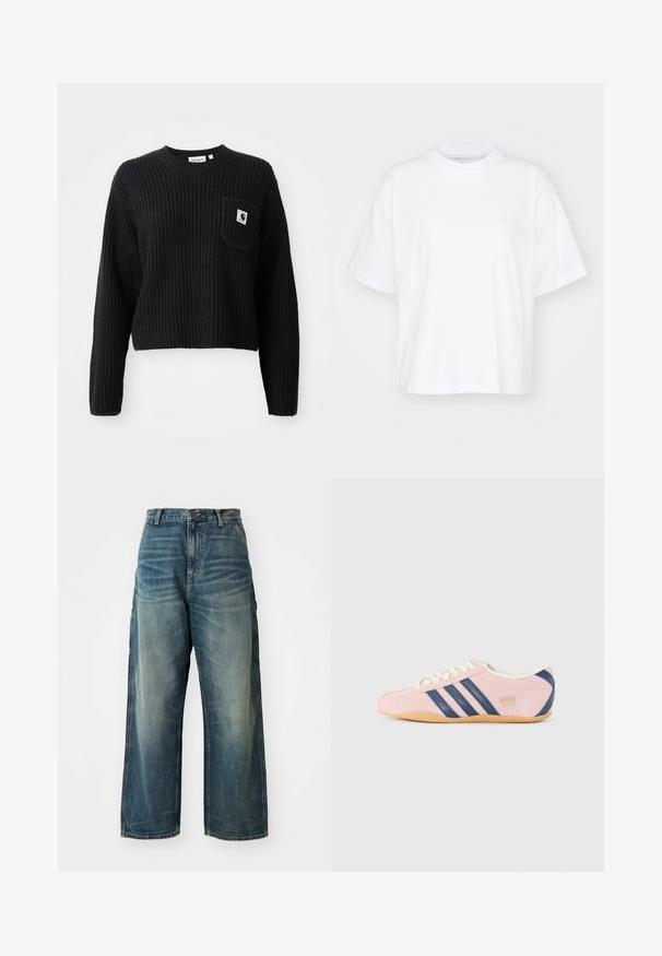 Schwarzer gerippter Strickpullover mit rundem Ausschnitt, langen Ärmeln und einer Fronttasche mit einem kleinen Logopatch. Verkürzte Länge.; Weißes Baumwoll-T-Shirt mit Rundhalsausschnitt, kurzen Ärmeln und lockerer Passform. Verfügt über ein dezentes Logo auf der linken Brustseite. Glatte Textur.; Weite Denim-Jeans in einem ausgewaschenen Blauton. Verfügbar mit einem Knopfverschluss, fünf Taschen und sichtbaren Nähten. Das Material hat eine glatte Textur.; Helle rosa Sneakers aus Wildleder mit marineblauen Streifen und Akzenten. Verfügt über eine hellcremefarbene Zunge und Schnürsenkel sowie eine Sohle aus Gummi.