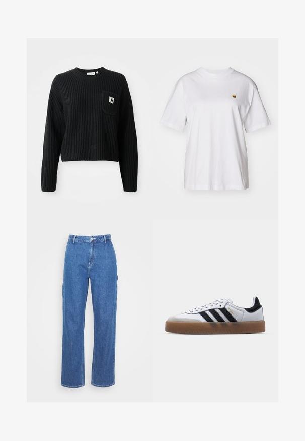 Sort ribbenstrikket sweater med rund hals, lange ærmer og en frontlomme med et lille logo patch. Forkortet længde.; Hvid bomulds-t-shirt med en afslappet pasform, korte ærmer og et lille broderet logo på venstre brystområde.; Blå denim bukser med høj talje og lige ben, der har en frontknaplukning og sidelommer. Glat tekstur uden synlige mønstre.; Hvide lædersneakers med sorte striber, gummirubber sål, rund tå, snørelukning og blød grå ruskinds tåhætte.