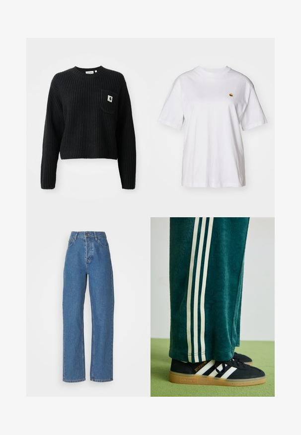 Sort ribbenstrikket sweater med rund hals, lange ærmer og en frontlomme med et lille logo patch. Forkortet længde.; Hvid bomulds-t-shirt med en afslappet pasform, korte ærmer og et lille broderet logo på venstre brystområde.; Højtaljede, lige ben blå jeans med en falmet finish. Har fem lommer, en knaplukning og subtile stikninger.; Grønne teksturerede bukser med hvide sidelince, parret med sorte Adidas sneakers med tre hvide striber og en gummisål.
