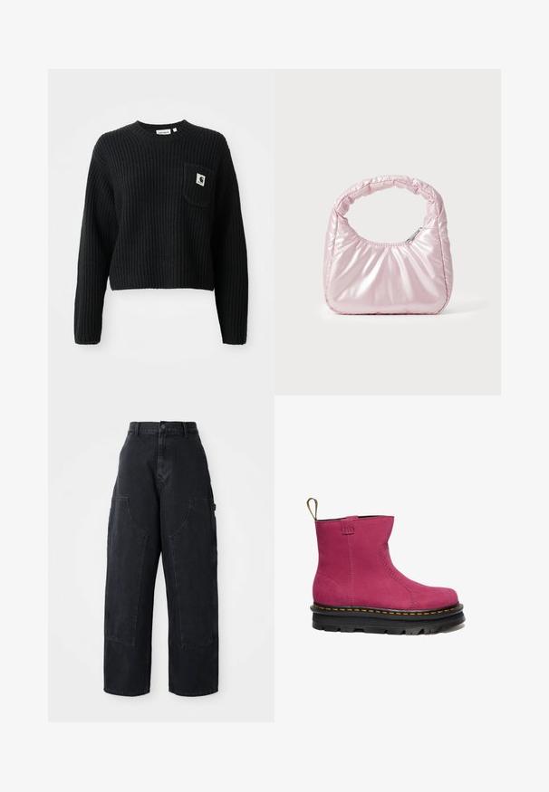 Pull en maille côtelée noir avec un col rond, des manches longues et une poche avant arborant un petit patch logo. Longueur cropped.; Pantalons cargo larges en denim noir à taille haute, avec deux grandes poches avant et une fermeture à bouton à la taille. Texture lisse, design décontracté.; Botte de cheville en cuir rose avec un bout arrondi, des détails cousus et une semelle plateforme noire ornée de touches de jaune.; Sac à main rose rembourré avec un design arrondi, fabriqué à partir d'un matériau brillant. Dispose d'une poignée froncée et d'une fermeture éclair pour un accès sécurisé.