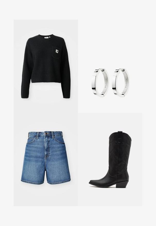 Pull en maille côtelée noir avec un col rond, des manches longues et une poche avant arborant un petit patch logo. Longueur cropped.; Shorts en denim de couleur bleu clair avec une coupe classique, présentant des poches avant, un zip et des détails de couture au niveau de l'ourlet.; Botte de cowboy en cuir noir avec un bout pointu, un talon bas empilé et un motif de feuilles embossé complexe sur la tige. Boucle en haut pour un enfilage facile.; Paire de boucles d'oreilles créoles en argent poli avec fermeture à charnière, gravées à l'intérieur du nom de la marque "PILGRIM".