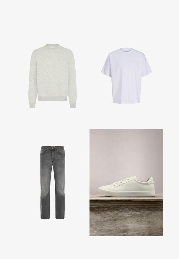 Grå bomulds sweatshirt med rund hals, ribbede manchetter og nederste kant. Har et glat, struktureret stof uden mønstre eller udsmykninger.; Simpel hvid oversized t-shirt med korte ærmer, rund hals og løs pasform mod en hvid baggrund.; Drejede mænds jeans i falmet mørkegrå denim med frontlommer, bæltestropper og knappelukning.; Hvide snørresneakers svævende over en træbænk med grønne planter i baggrunden, der fremhæver skodesign og tekstur.