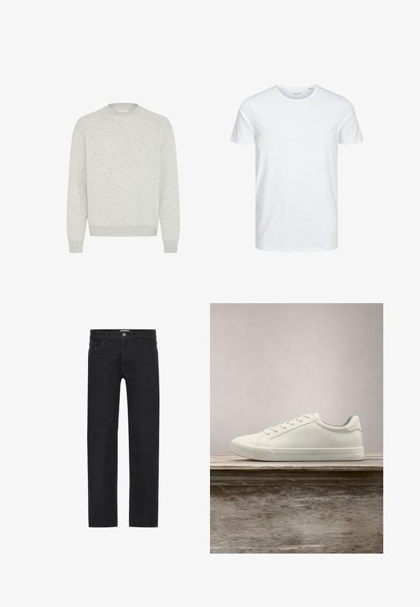 Grau Baumwoll-Sweatshirt mit Rundhalsausschnitt, gerippten Bündchen und Saum. Aus einem glatten, strukturierten Stoff ohne Muster oder Verzierungen.; Rundhals-T-Shirt mit kurzen Ärmeln in reinem Weiß, aus weicher Baumwolle, mit einem schlichten Design ohne sichtbare Muster oder Akzente.; Schwarze gerade Jeans aus Denim mit einem Knopfverschluss am Bund, fünf Taschen und einem minimalistischen Design ohne sichtbare Muster.; Weiße Schnürsneaker, die über einer Holzbank mit grünem Laub im Hintergrund schweben und das Schuhdesign sowie die Textur zeigen.