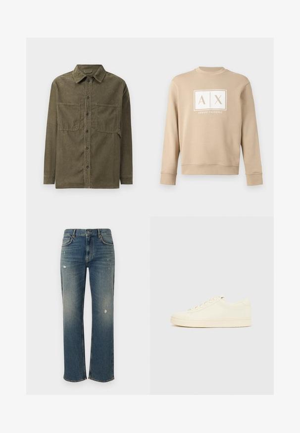 Béžová mikina s dlhými rukávmi a okrúhlym výstrihom, s bielym logom "A|X Armani Exchange" umiestneným v strede na hrudi.; Zelená kordurová košele-jacket s rybím golierom, predným zapínaním na gombíky a dvoma náprsními vreckami s klopou.; Denimové jeansy v stredne modrej farbe s rovný strihom, s jemným vyblednutím a poškodenými miestami. Klasický dizajn s piatimi vreckami a zapínaním na horný gombík.; Sneaker krémovej farby s hladkým koženým zvrškom, zaoblenou špičkou, šnurovačkou vpredu a textúrovanou gumovou podrážkou. Minimalistický dizajn, bez loga.