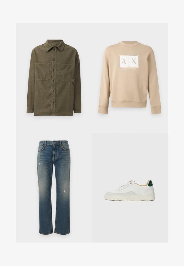 Sudadera beige de manga larga con cuello redondo y logo blanco "A|X Armani Exchange" centrado en el pecho.; Chaqueta de camisa de pana en verde oliva con cuello puntiagudo, cierre frontal de botones y dos bolsillos en el pecho con solapa.; Vaqueros de mezclilla en azul medio con corte recto, que presentan un ligero desgaste y parches desgastados. Diseño clásico de cinco bolsillos y cierre con botón superior.; Zapatilla blanca con acentos de ante, puntera redondeada, cordones planos y suela de goma color crema. Presenta un logo verde en el talón.