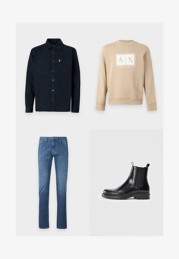 Beige langærmet sweatshirt med rund hals og hvidt "A|X Armani Exchange"-logo centreret på brystet.; Mørkeblå kordfløjlsskjorte med knaplukning, to brystlommer og et lille gult logo på venstre lomme.; Blå denimjeans med lige ben, fem-lomme design, let falmning foran, metal knappelukning, syninger som accenter og klassisk finish.; Sorte læder Chelsea støvler med elastiske sidepaneler, en løkke for nem påtagning, og en robust gummisål med struktureret greb.