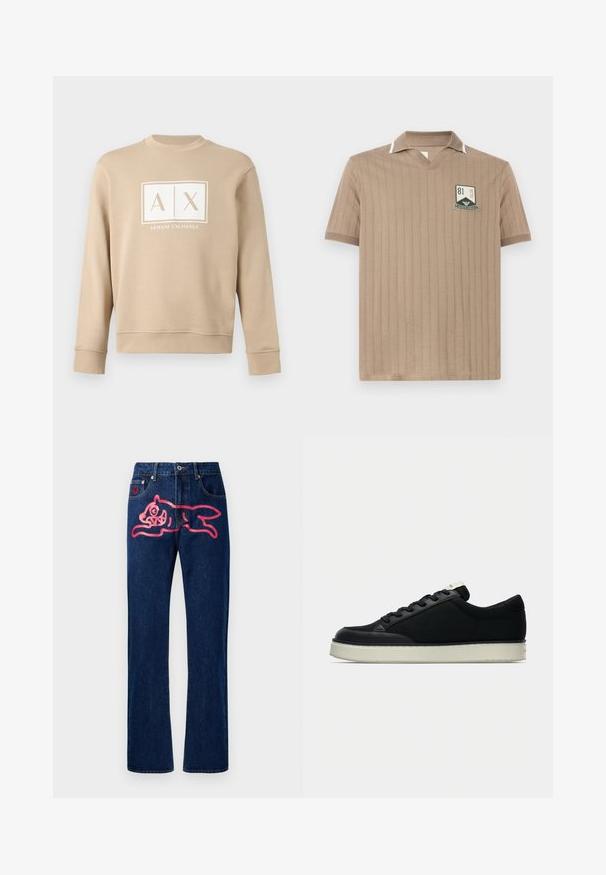 Béžová mikina s dlhými rukávmi a okrúhlym výstrihom, s bielym logom "A|X Armani Exchange" umiestneným v strede na hrudi.; Béžové krátke tričko polo s rebrovanou textúrou, otvoreným golierom s bielym lemom a zeleno-bielou nášivkou "81 Club Emporio Armani" na hrudi.; Denimové jeansy s rovný strihom. Tmavomodrá farba, s veľkým designom ružovej mačky na zadnej vrecku. Klasický kovový gombík a nitky.; Čierna teniska s hladkou koženou špičkou, textilným zvrškom, plochými šnúrkami a bielou gumovou podrážkou. Minimalistický dizajn s kontrastnými detailmi.