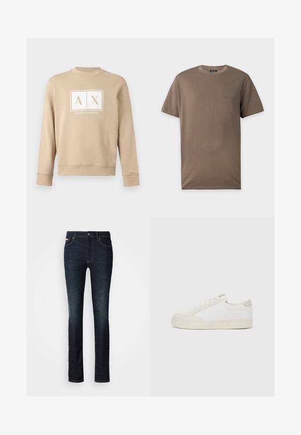 Beež pikkade varrukatega ümarkaelusega dressipluus, mille keskel rinnal on valge "A|X Armani Exchange" logo.; Pruun lühikese varrukaga T-särk ümar kaelusega, vasakul rinnal väike reljeefne Armani Exchange'i logo valgel taustal.; Tumedat sinised kitsad teksad, millel on nööp ja lukuga sulgemine, viie taskuga disain ning õrn pleekimine puusadel ja põlvedel.; Valge vabaajajalats tekstuurse lõuendpealsega, siledate beežide detailidega kandadel ja kummist tallaga. Omaduseks ümar ninaosa ja paeltega kinnituse disain.