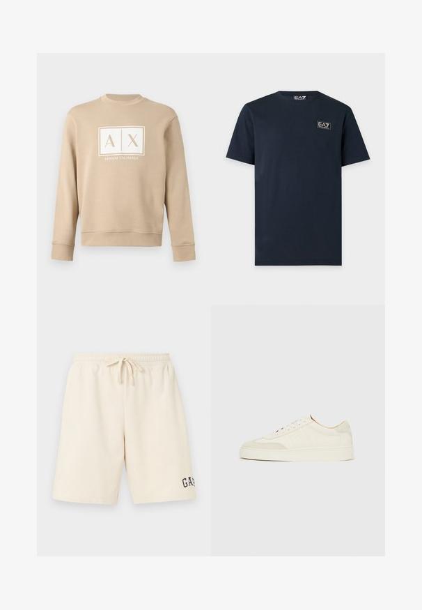 Sweat-shirt beige à manches longues et col rond, avec le logo blanc "A|X Armani Exchange" centré sur la poitrine.; T-shirt bleu marine manches courtes avec un petit patch logo EA7 Emporio Armani sur la poitrine gauche.; Short beige mi-longue aux genoux avec taille élastique, cordon de serrage et logo noir "GAP" sur la partie inférieure de la jambe gauche.; Baskets en daim blanc à finition lisse, embout rond, design lacé plat, avec des accents texturés contrastants. Comprend un détail de logo subtil.