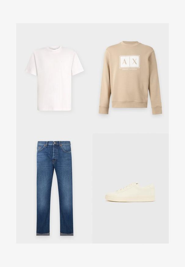 Sweat-shirt beige à manches longues et col rond, avec le logo blanc "A|X Armani Exchange" centré sur la poitrine.; T-shirt blanc uni à manches courtes avec col rond, avec un petit logo embossé sur le côté gauche de la poitrine, présenté sur un fond clair.; Jean droit pour homme en denim bleu avec fermeture par bouton, design à cinq poches, et ourlets retroussés sur fond blanc.; Baskets couleur crème avec une tige en cuir lisse, bout arrondi, laçage à l'avant et semelle en caoutchouc texturée. Design minimaliste, sans logo.