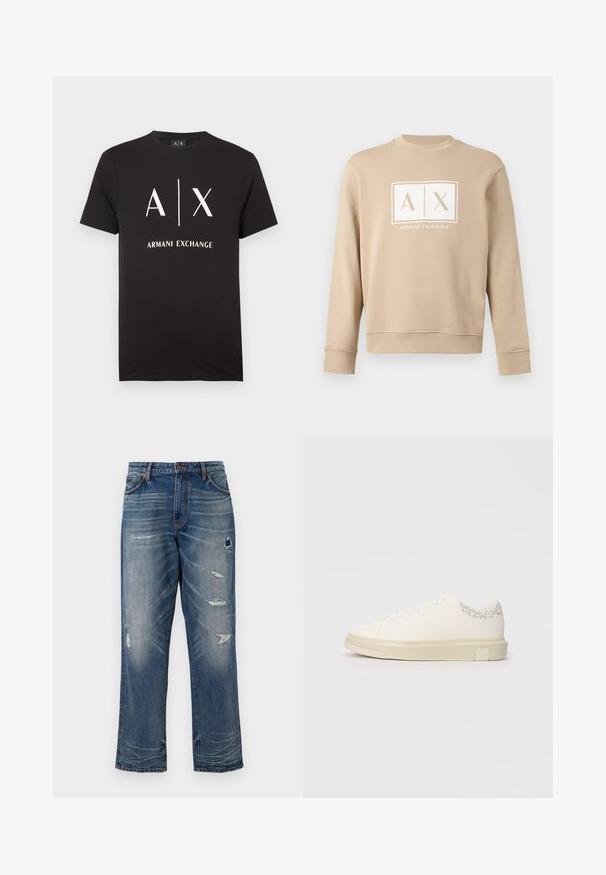 Sweat-shirt beige à manches longues et col rond, avec le logo blanc "A|X Armani Exchange" centré sur la poitrine.; T-shirt en coton noir avec les initiales "A|X" et "ARMANI EXCHANGE" imprimées en blanc. Col rond avec manches courtes.; Jeans en denim bleu avec une coupe décontractée, comprenant des patchs usés et un délavage. Ils possèdent des poches classiques et des coutures apparentes.; Sneaker blanc avec une tige en toile lisse, des lacets plats, un col rembourré et un accent gris texturé à l'arrière. Semelle en caoutchouc épaisse.
