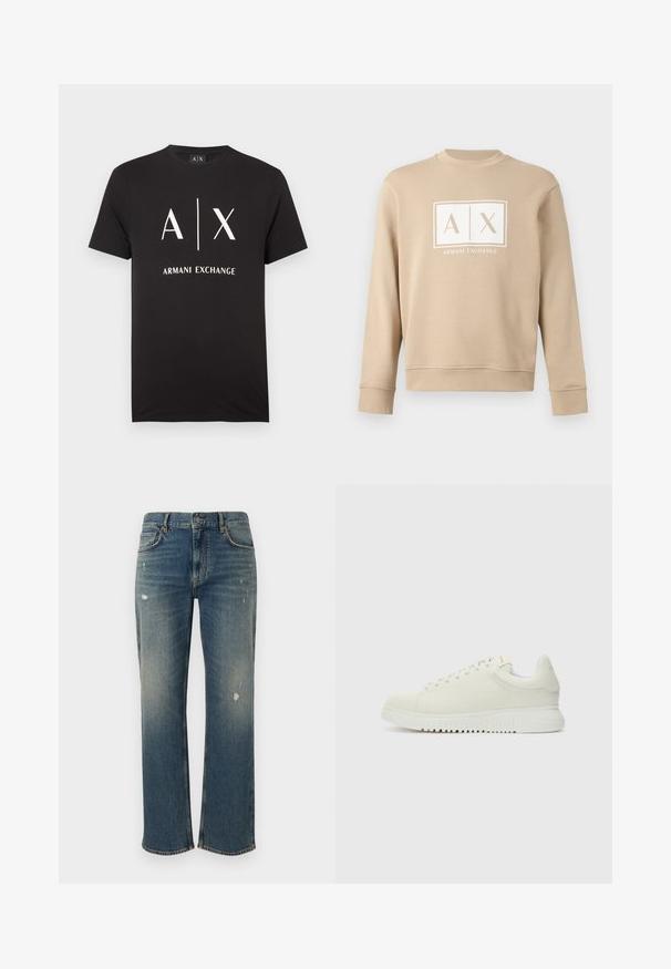 Sweat-shirt beige à manches longues et col rond, avec le logo blanc "A|X Armani Exchange" centré sur la poitrine.; T-shirt en coton noir avec les initiales "A|X" et "ARMANI EXCHANGE" imprimées en blanc. Col rond avec manches courtes.; Jeans en denim bleu moyen avec une coupe droite, présentant des décolorations légères et des patches usés. Design classique à cinq poches et fermeture par bouton supérieur.; Baskets blanches en cuir avec un dessus texturé, bout rond, semelle plate blanche et lacets ton sur ton. Marque discrète sur la languette.