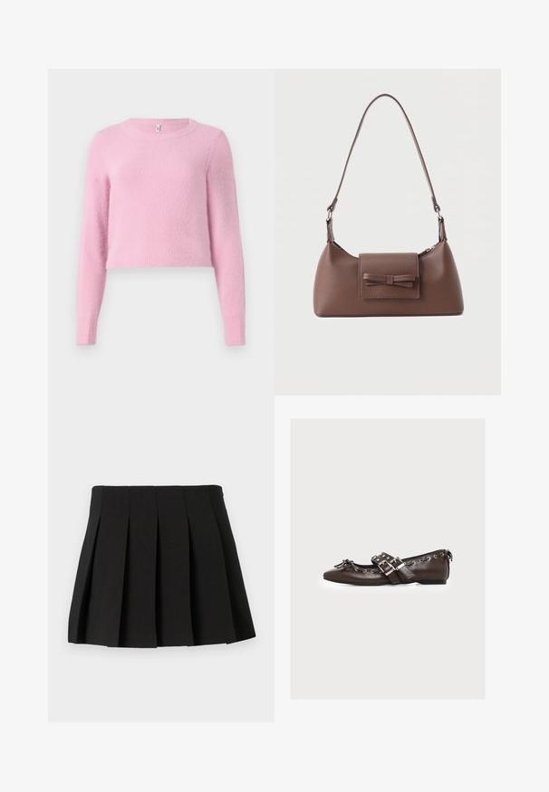 Rosa, flauschiger, kurz geschnittener Pullover mit langen Ärmeln, rundem Ausschnitt und weichem, strukturiertem Finish. Verfügt über gerippte Bündchen und Saum.; Schwarzer Faltenminirock mit strukturiertem Design, aus glattem Stoff gefertigt. Features einen Taillenbund und gleichmäßig verteilte vertikale Falten.; Dunkelbrauner Lederschuh mit flacher Sohle, spitzer Schuhspitze, dekorativer Schleife, silbernen Schnallen und Metallösen an den Rändern.; Braune Leder-Umhängetasche mit einer vorderen Klappentasche, die ein gestepptes Schleifendetail und einen verstellbaren Riemen aufweist.