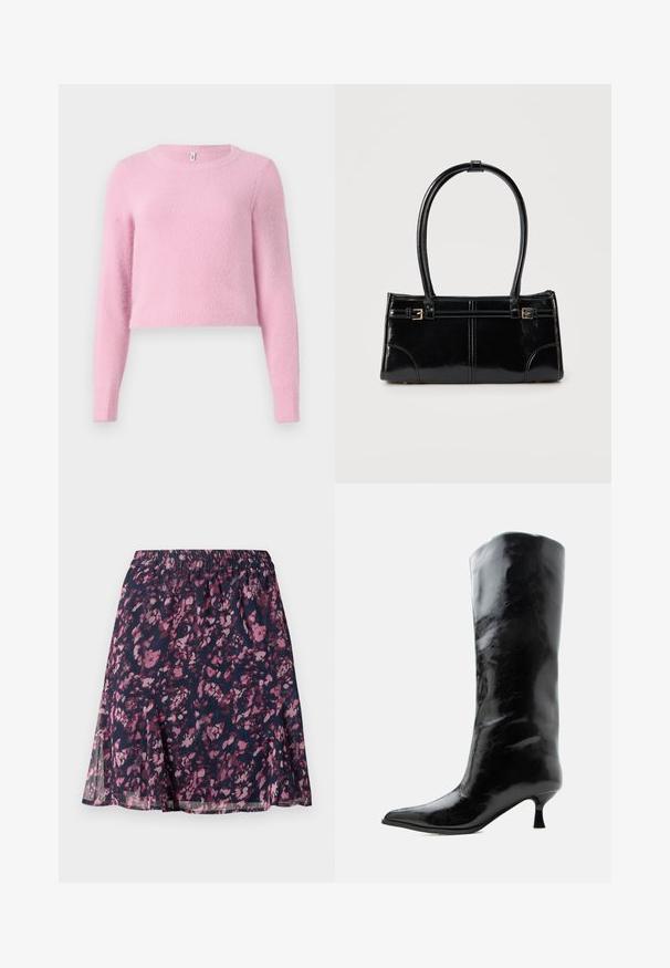 Rosa, flauschiger, kurz geschnittener Pullover mit langen Ärmeln, rundem Ausschnitt und weichem, strukturiertem Finish. Verfügt über gerippte Bündchen und Saum.; Marinefarbene Rock mit elastischem Bund, der ein pink-lila abstraktes Blumenmuster und einen leicht ausgestellt geschnittenen Saum aufweist.; Schwarzer glänzender kniehoher Lederstiefel mit spitzer Spitze und niedrigem, gebogenem Absatz auf einfachem hellem Hintergrund.; Glänzende schwarze rechteckige Handtasche mit zwei dünnen Schulterriemen und kleinen goldenen Schnallen vorne.