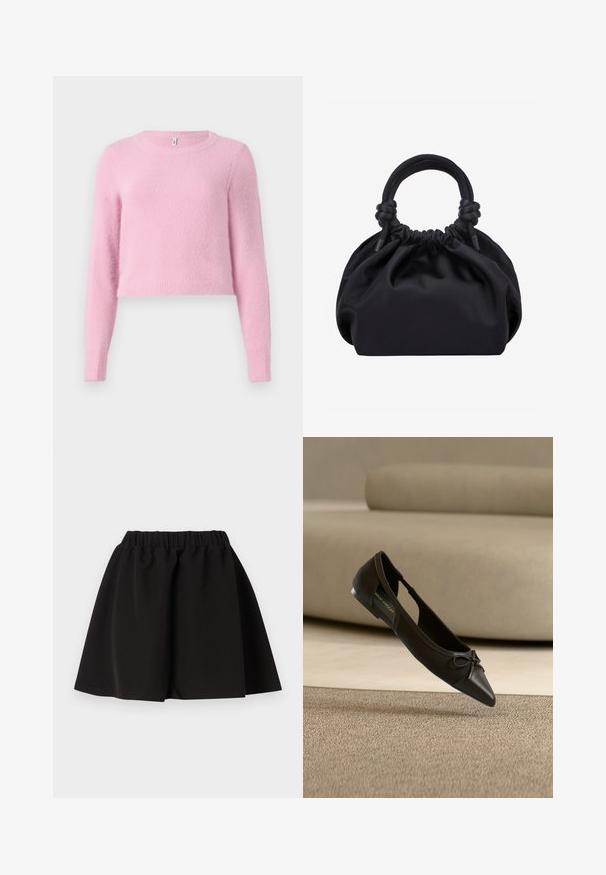 Lyserød, pelsagtig cropped sweater med lange ærmer, rundet halsudskæring og en blød, tekstureret finish. Har ribbede manchetter og kant.; Sort nederdel med elastik i taljen, A-formet silhuet og knælængde, ensfarvet design, vist fladt mod hvid baggrund.; Sort spids babysko med en lille sløjfedetalje, vist over et beige tæppe og foran en beige sofa.; Sort blød stofhåndtaske med samlet top og cirkulære polstrede håndtag bundet med knuder på hver side.
