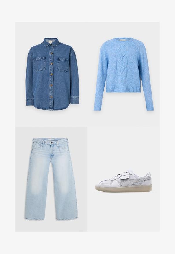 Pull en maille bleu clair avec des manches longues et un motif en maille torsadée central, avec des poignets et un ourlet en côtes.; Chemise en denim bleu moyen, avec un devant à boutons, deux poches poitrine et un col. Manches longues avec poignets à boutons.; Jean large bleu clair en denim. Présente une coupe droite, un design à cinq poches et une fermeture par bouton à la taille.; Baskets blanches en cuir avec des accents gris, fermeture à lacets et semelle en caoutchouc texturée. Présente un logo bien en vue sur le côté.