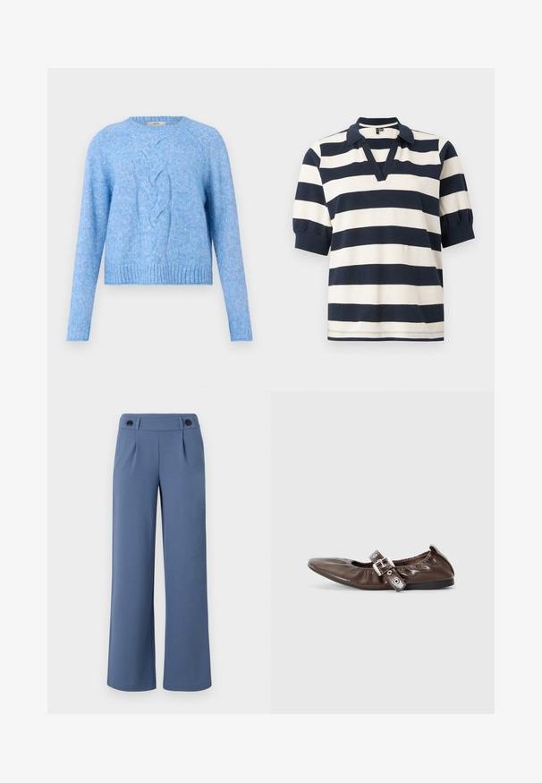 Lichtblauwe gebreide trui met lange mouwen en een centraal gevlochten kabelpatroon, geribde manchetten en zoom.; Gestreepte katoenen poloshirt met witte en marineblauwe horizontale strepen, korte pofmouwen, V-hals en geribde kraag.; Blauwe wijde broek gemaakt van soepele stof, met een vlakke voorkant, twee plooien en twee zwarte knopen op de tailleband.; Bruine gepatineerde leren ballerina met een spitse neus, elastische strikdetail en een zilveren gespaccent aan de zijkant. Zwarte rubberen zool.