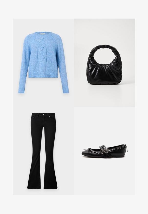 Hellblau gestrickter Pullover mit langen Ärmeln und einem zentralen, geflochtenen Zopfmuster, gerippten Bündchen und Saum.; Schwarze Schlagjeans aus Denim, mit einem vorderen Knopfverschluss, zwei vorderen Taschen und einem enganliegenden Design, das unterhalb des Knies ausgestellt ist.; Schwarzer flacher Ballettschuh mit doppelten Schnallenriemen, silbernen Ösen und einer kleinen Schleife nahe der abgerundeten Spitze auf weißem Hintergrund.; Schwarze gepolsterte Handtasche mit einem runden Griff, die eine glatte, glänzende Oberfläche und eine weiche, gestepfte Textur aufweist. Keine sichtbare Hardware oder Akzente.