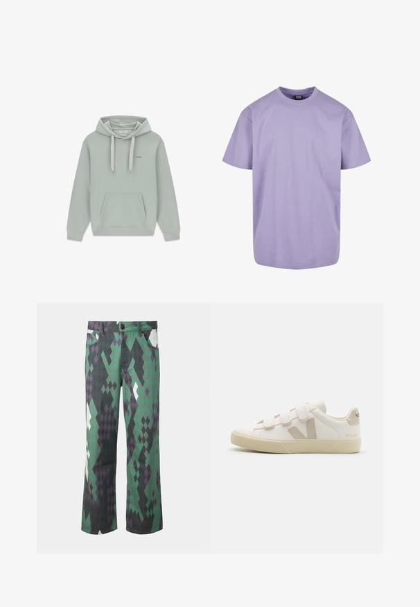 Lysegrå-grøn hættetrøje med forlommer, mønstrede snore og lille "GUESS"-logo på venstre brystområde.; Lyse lilla bomulds T-shirt med rund hals, korte ærmer og en afslappet pasform. Uden synlige mønstre eller detaljer.; Bukser med lige ben med geometrisk diamantmønster i grøn, sort, lilla og hvid, med forlommer og knaplukning.; Hvide lædersneakers med Velcro-remme, beige accenter, rund tå, tekstureret gummisål og prægede logo. Minimalistisk design.