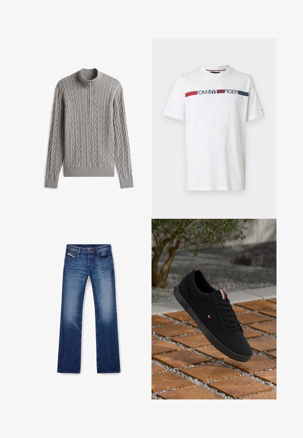 Pull en maille torsadée gris clair avec col demi-fermeture éclair et petit logo rouge, blanc et bleu sur la poitrine gauche.; T-shirt blanc à manches courtes avec le logo "Tommy Hilfiger" en rouge, blanc et bleu sur la poitrine.; Jean en denim bleu avec une coupe droite, cinq poches et des coutures ton sur ton. Le tissu a une texture lisse avec une légère décoloration.; Baskets noires avec dessus en tissu et semelle en caoutchouc. Elles présentent un design à lacets, avec des accents rouges, blancs et bleus au niveau du talon, posées sur des carreaux en bois.