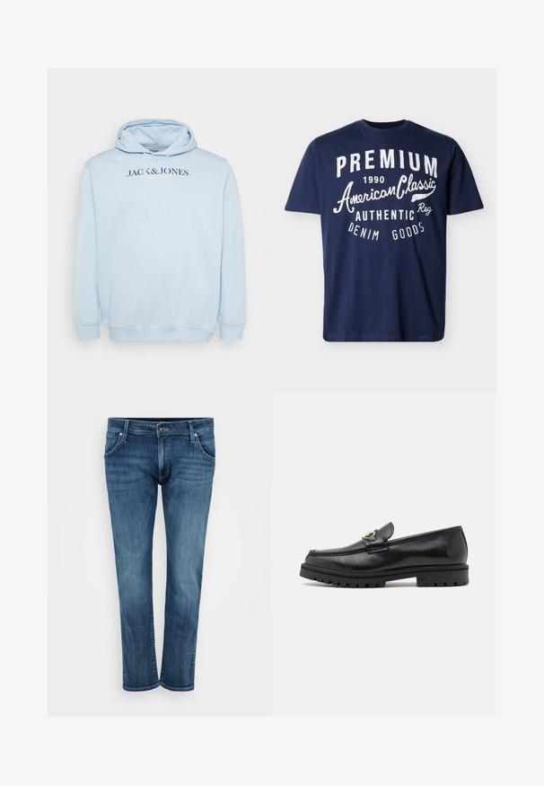Helleblaue Kapuzenjacke mit einer Fronttasche, Kordelzugkapuze und dem Schriftzug "JACK & JONES" in dunkelblau über der Brust.; Marineblaues T-Shirt mit kurzen Ärmeln und weißem Text auf der Vorderseite: "PREMIUM 1990 American Classic Authentic Denim Goods".; Blaue Denim-Jeans mit geradem Bein, ausgestattet mit vorderen Taschen, einem Reißverschluss und dezentem Verblassen. Klassischer Stil mit mittlerem Wasch-Effekt.; Schwarze Lederloafers mit einer glatten Oberfläche, runder Zehenform, einem dekorativen Riemen mit goldfarbenem Zubehör und einer robusten schwarzen Sohle.