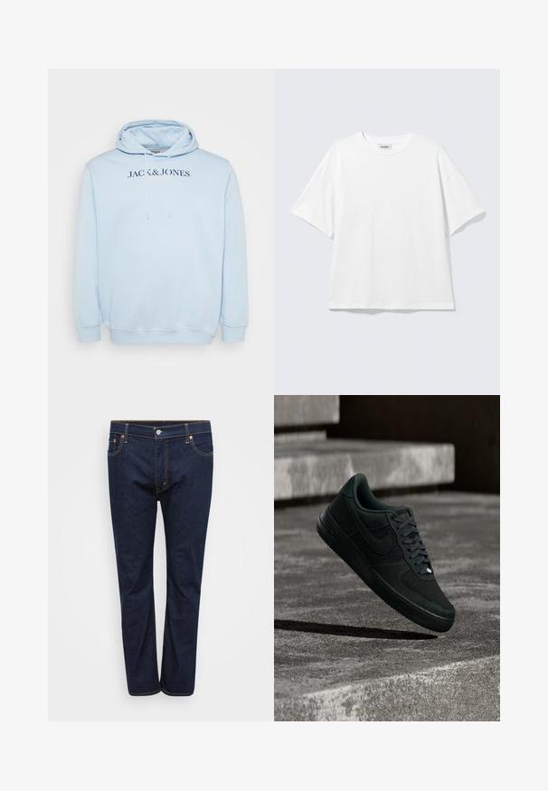 Svetlomodrá mikina s kapucňou, predným vreckom a sťahovacou šnúrkou, s tmavomodrým nápisom "JACK & JONES" naprieč hrudníkom.; Biele oversize tričko s krátkym rukávom a okrúhlym výstrihom s padnutými ramenami, položené na svetlošedom pozadí.; Tmavomodré riflové nohavice so strihom rovného nohu, s viditeľným prešívaním v kontrastnej žltej farbe, piatimi vreckami a predným zapínaním na gombík.; Čierna teniska Nike Air Force 1 s detailmi z textilu a kože vznášajúca sa nad štruktúrovanými betónovými schodmi pri tlmenom osvetlení.