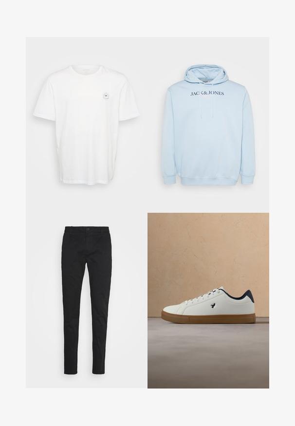 Svetlomodrá mikina s kapucňou, predným vreckom a sťahovacou šnúrkou, s tmavomodrým nápisom "JACK & JONES" naprieč hrudníkom.; Biela bavlnená tričko s okrúhlym výstrihom a krátkymi rukávmi. Výrazný grafický dizajn oka obklopeného lúčmi na ľavej strane hrude.; Čierne slim-fit nohavice vyrobené z bavlnenej zmesi, s predným zapínaním na gombík, piatimi vreckami a hladkou, matnou textúrou.; Biela teniska s hnedou podrážkou a čiernou vnútornou podšívkou, vznášajúca sa nad béžovým textúrovaným kobercom v modernom obytnom priestore.