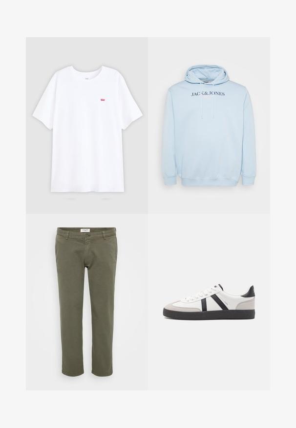Helleblaue Kapuzenjacke mit einer Fronttasche, Kordelzugkapuze und dem Schriftzug "JACK & JONES" in dunkelblau über der Brust.; Weißes Baumwoll-T-Shirt mit kurzen Ärmeln und Rundhalsausschnitt. Verfügt über ein kleines rotes Levi's-Logo auf der linken Brust. Flaches Design, keine Muster.; Olivgrüne Chinos mit geradem Schnitt, aus Baumwolle mit leichter Textur, ausgestattet mit einem Knopfverschluss und Gürtelschlaufen.; Weiße Sneaker mit schwarz- und grau-aczenten, ausgestattet mit einer strukturierten grauen Zehenkappe, schwarzer Gummi-Sohle und flachen weißen Schnürsenkeln. Sauberes Design, minimalistische Stil.