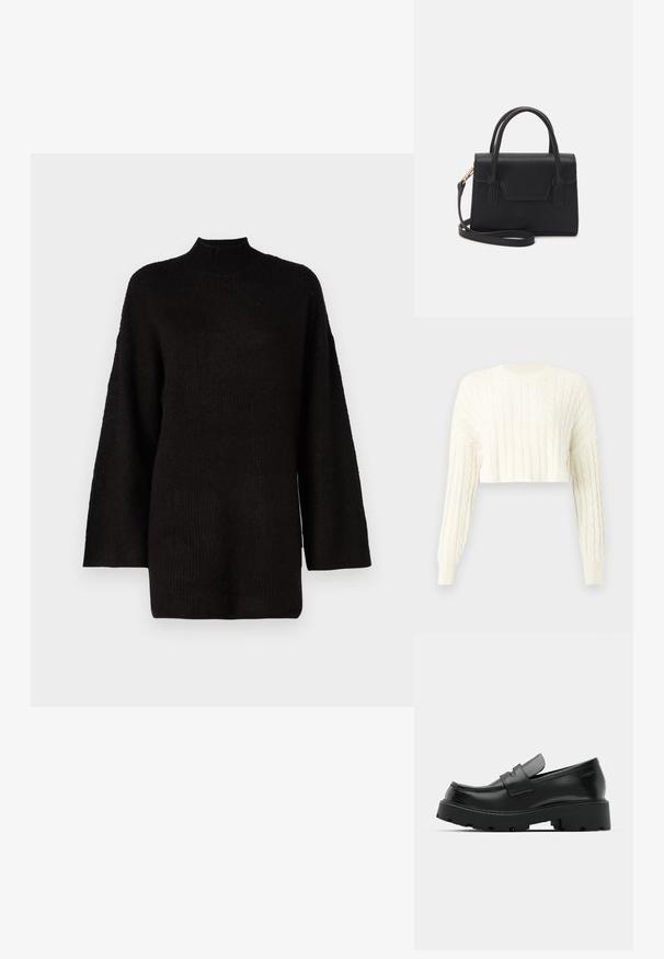 Creme kabelstrikket cropped sweater med lange ærmer og ribbet rund hals. Tekstur mønster over det hele og tætsiddende manchetter.; Sort oversized striktrøje med høj hals og lange ærmer, der har en struktureret stof for ekstra visuel interesse.; Sorte læder loafers med en chunky tekstureret sål, der har en rem over vamps og en glat, poleret finish.; Sort struktureret håndtaske lavet af læder med et topgreb, aftagelig skulderrem og detalje med frontklap. Guldhardware accenter.
