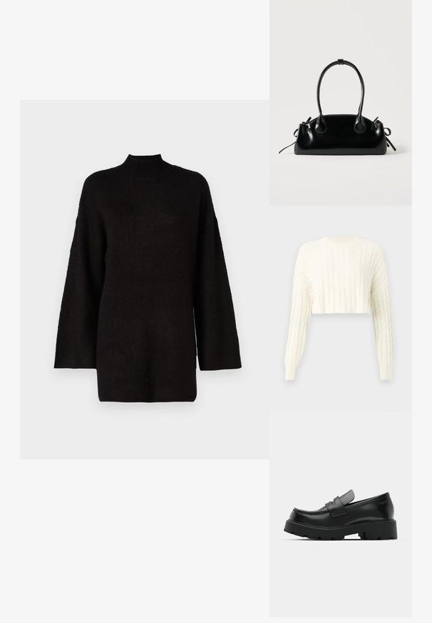 Creme kabelstrikket cropped sweater med lange ærmer og ribbet rund hals. Tekstur mønster over det hele og tætsiddende manchetter.; Sort oversized striktrøje med høj hals og lange ærmer, der har en struktureret stof for ekstra visuel interesse.; Sorte læder loafers med en chunky tekstureret sål, der har en rem over vamps og en glat, poleret finish.; Lille sort blank håndtaske med to lange håndtag og snøre-detaljer i siden på en ensfarvet lys baggrund.