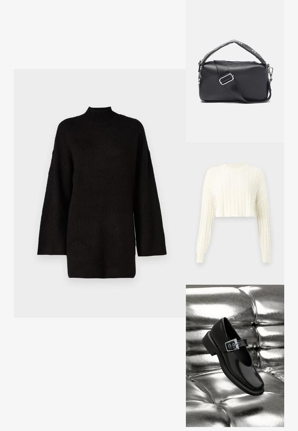 Pull en tricot torsadé crème, court, avec des manches longues et un col rond côtelé. Motif texturé tout au long et poignets ajustés.; Pull en tricot noir surdimensionné avec un col haut et des manches longues, présentant un tissu texturé pour un intérêt visuel supplémentaire.; Chaussure Mary Jane en cuir noir avec un bout carré, un accent de boucle en argent et un talon bas épais, sur un fond argenté brillant.; Zign Studio Sac à main - black