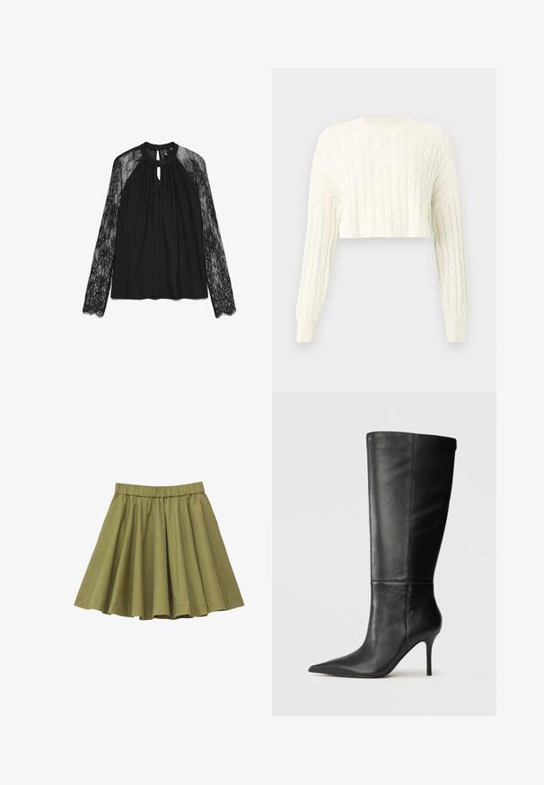 Creme kabelstrikket cropped sweater med lange ærmer og ribbet rund hals. Tekstur mønster over det hele og tætsiddende manchetter.; Sort bluse med lange ærmer, der har et blonderdesign på ærmerne, rund halsudskæring og nøglehulsåbning foran. Glat stof med blondekant.; Olivengrøn plisseret nederdel med elastik i taljen, knælængde, lavet af letvægtsstof.; Sorte læder knæhøje støvler med spidse tæer og slanke stiletto hæle, glat tekstur, sideprofil på neutral baggrund.