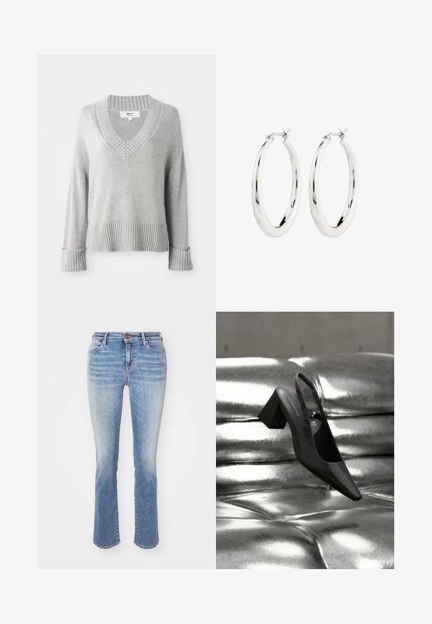 Suéter de mezcla de lana de punto gris claro con escote en V, puños ribeteados, dobladillo y cuello, mostrando los extremos de las mangas doblados.; Jeans de denim azul con un corte slim bootcut. Lavado desgastado, cinco bolsillos y un botón de cobre en la cinturilla. Dobladillo recto.; Tacón destalonado negro con punta en forma de pico, con superficie texturizada y tacón ancho y grueso. Colocado sobre un fondo metálico brillante.; Pendientes de aro de plata con un acabado suave y brillante. Forma circular, con un cierre seguro. Diseño sencillo y elegante.
