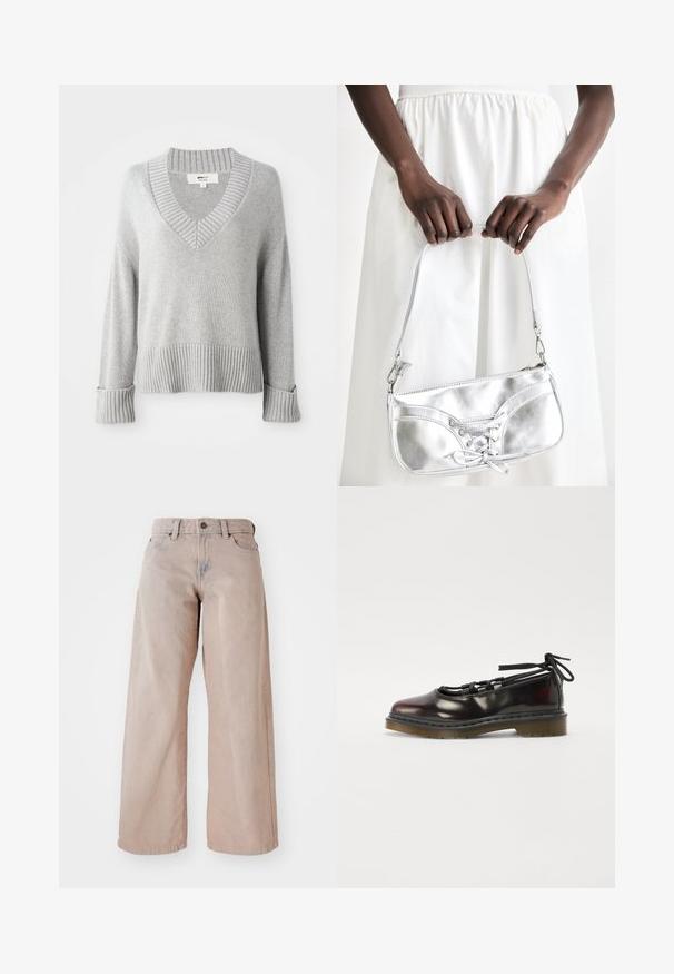 Suéter de mezcla de lana de punto gris claro con escote en V, puños ribeteados, dobladillo y cuello, mostrando los extremos de las mangas doblados.; Jeans amplios beige con una cintura alta, diseño de cinco bolsillos y cierre de botón. La tela tiene una textura suave y un ligero desvanecimiento en la parte frontal.; Zapato brillante de color rojo oscuro con punta redondeada, diseño con cordones, suela de goma y cordones negros, que presenta herrajes plateados y bordes cosidos.; Bolso metálico plateado con detalle de cordones, que presenta un diseño elegante y una correa corta. El bolso está sostenido con las manos, mostrando su textura.
