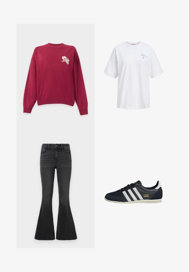 Mørkerød crewneck-sweatshirt med lange ærmer og lille blomsterbroderi på øverste venstre bryst.; Hvid oversized T-shirt med korte ærmer og lille blå tekst "Rosemanner HOTEL PARAIS" samt rosendekor på venstre bryst.; Sorte flared jeans i denim med ensfarvet design, der har et standard liv, fem lommer og diskrete syninger foran.; Sorte lædersneakers med tre hvide striber, en struktureret finish, guld "adidas JAPAN" logo og en gummisål med grebmønster.