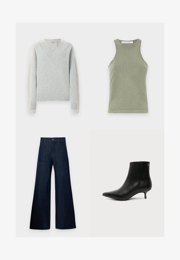 DRYKORN PASELIA - Striktrøje - grey; Olivengrøn tanktop lavet af blødt bomuld, med rund halsudskæring, ærmeløs design og syede kanter. Enkel, tætsiddende form.; Mørkeblå vidde jeans lavet af denim, med to forlommer, synlige sømme og en knaplukning i taljen.; Sort læder ankelstøvle med spids tå og lav kitten hæl på lys baggrund, der viser yderside.