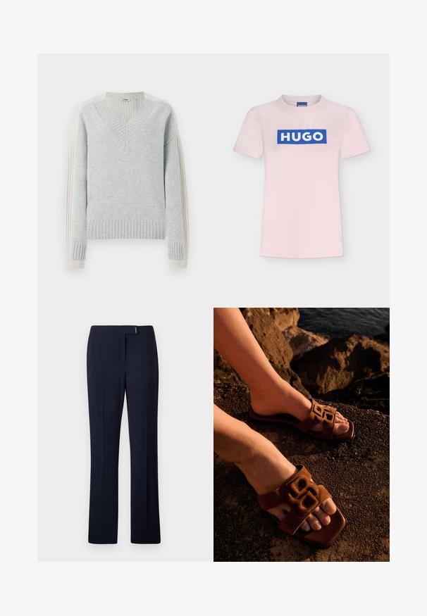 DRYKORN PASELIA - Trui - grey; Lichtroze T-shirt met korte mouwen, blauw rechthoekig logo en witte "HUGO" tekst gecentreerd op de borst.; Navyblauwe op maat gemaakte broeken van een gladde stof, met een platte voorkant, rechte pijpen en een subtiele zilveren accent bij de taille.; Voeten die bruine slippers met een decoratieve band dragen, rustend op rotsachtige grond bij water in warm licht.