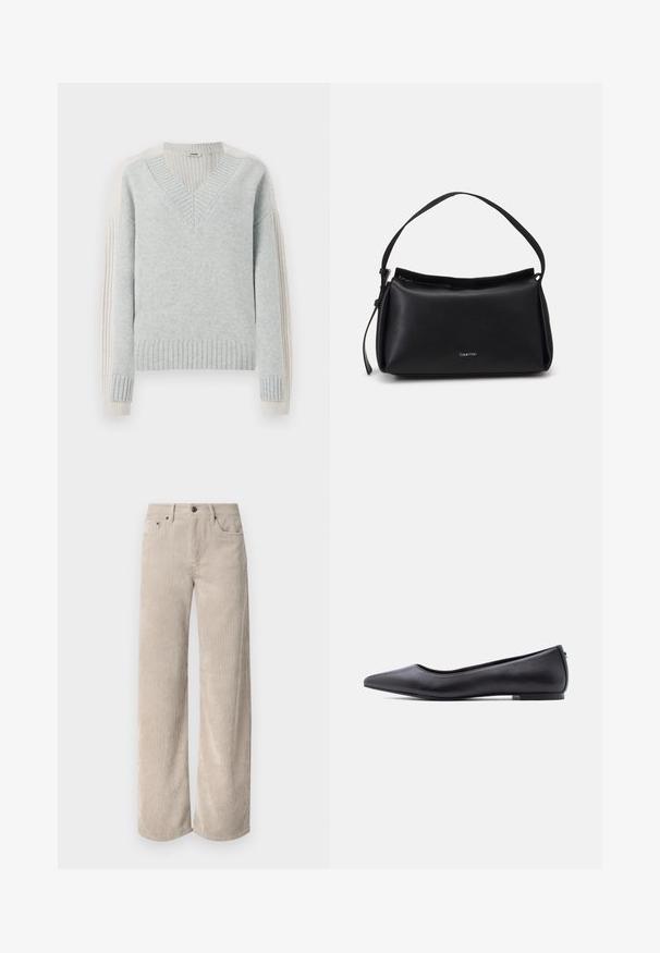 DRYKORN PASELIA - Trui - grey; Beige corduroy wijde broek met verticale strepen, voorzien van een knoopsluiting en voorkruiden. Zacht, gestructureerd materiaal met een relaxte pasvorm.; Zwarte platte leren schoen met puntige neus en lage hak, zijaanzicht tegen een witte achtergrond.; Zwarte leren handtas met een gebogen vorm, een enkele schouderband en een ritsluiting aan de bovenkant. Heeft een subtiel logo aan de voorkant voor branding.