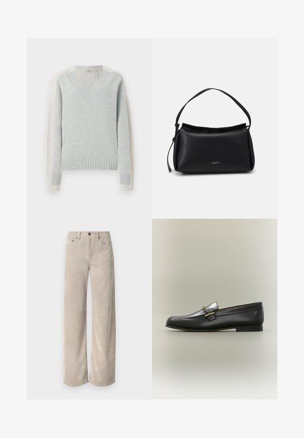 DRYKORN PASELIA - Striktrøje - grey; Beige corduroy bukser med vidde og lodrette striber, der har knaplukning og frontlommer. Blødt, tekstureret stof med en afslappet pasform.; Sort læderloafer med sølv øverste, gyldent kædedetalje, lav hæl og rundet tå på neutral baggrund.; Sorte læderhåndtaske med en buet form, en enkelt skulderrem og lynlås lukning øverst. Har et diskret logo på fronten til branding.