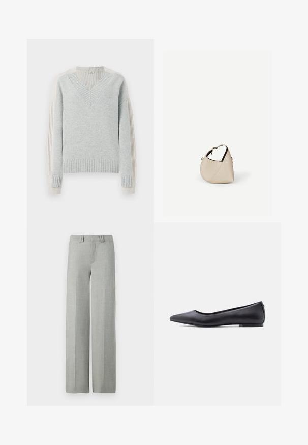 DRYKORN PASELIA - Strickpullover - grey; Graue, weit geschnittene Hosen aus leichtem Stoff, mit flachem Bund, Gürtelschlaufen und sauberen, maßgeschneiderten Linien ohne sichtbare Muster.; Schwarzer flacher Lederschuh mit spitzer Kappe und niedrigem Absatz, seitlich vor weißem Hintergrund gezeigt.; Beige Ledertasche in Halbmondform mit einem einzelnen Schulterriemen und minimaler Nahtgestaltung, vor einem schlichten weißen Hintergrund.