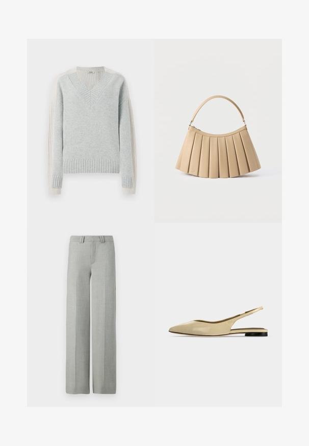 DRYKORN PASELIA - Strickpullover - grey; Graue, weit geschnittene Hosen aus leichtem Stoff, mit flachem Bund, Gürtelschlaufen und sauberen, maßgeschneiderten Linien ohne sichtbare Muster.; Beiger Slingback-Ballerina mit spitzer Kappe, niedrigem schwarzem Absatz und glattem Lederfinish, seitlich auf einfarbigem Hintergrund gezeigt.; Beige plissierte Handtasche mit gebogenem Reißverschluss oben und einem einzelnen gebogenen Griff, dargestellt auf weißem Hintergrund.