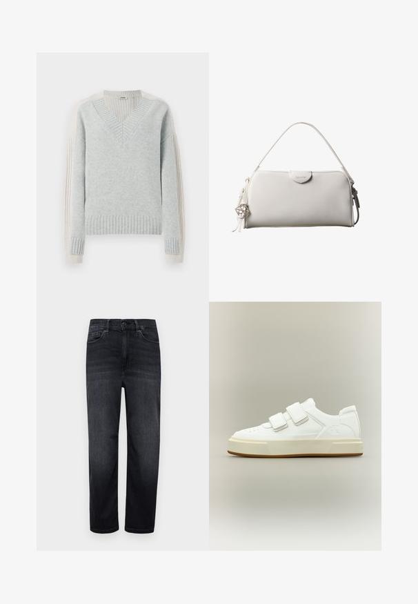 DRYKORN PASELIA - Pullover - grey; Jean en denim foncé avec une coupe régulière, jambes droites, poches avant, une petite poche à monnaie et une fermeture à bouton. Texture lisse et peu de décoloration.; Baskets basses blanches avec deux bandes Velcro, semelle épaisse beige et logo "ck" discret sur le côté, sur un fond clair uni.; Sac à main rectangulaire blanc Calvin Klein avec une seule poignée, design minimaliste et pampilles décoratives avec un charm métallique géométrique sur le côté.