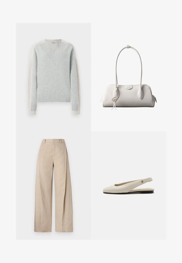 DRYKORN PASELIA - Pullover - grey; Pantalons larges en lin beige à taille haute, avec une texture lisse et des lignes épurées, conçus pour un ajustement décontracté.; Chaussure plate slingback en cuir couleur crème avec un bout arrondi et un petit emblème doré sur la bride.; Sac à bandoulière blanc Calvin Klein avec longues poignées, forme rectangulaire, fermeture éclair et charm logo décoratif suspendu près de la poignée.