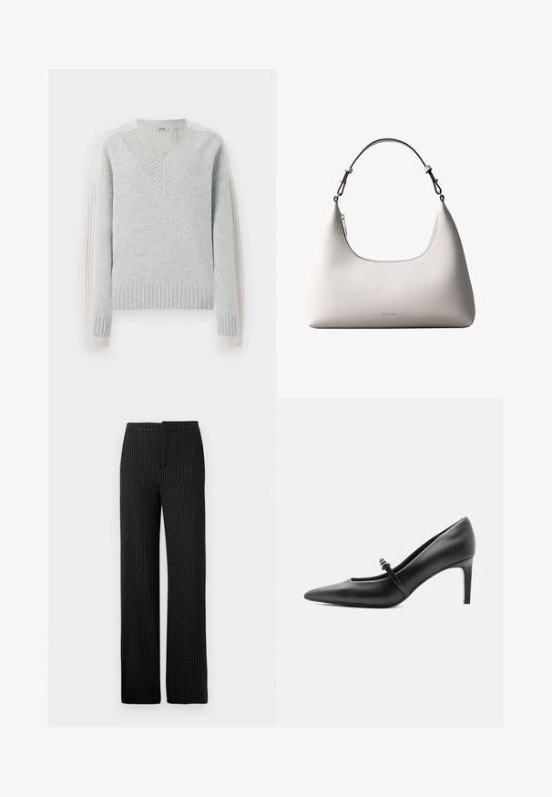 DRYKORN PASELIA - Jersey de punto - grey; Pantalones negros a rayas con corte recto, que presentan una textura suave y una cinturilla, aptos para vestimenta formal o de negocios.; Zapato de tacón alto de cuero negro con punta puntiaguda, con tira fina y hebilla sobre el empeine, sobre fondo claro y neutro.; Bolso de hombro de cuero color crema de Calvin Klein con borde superior curvado, cremallera plateada y correa ajustable marrón oscuro.